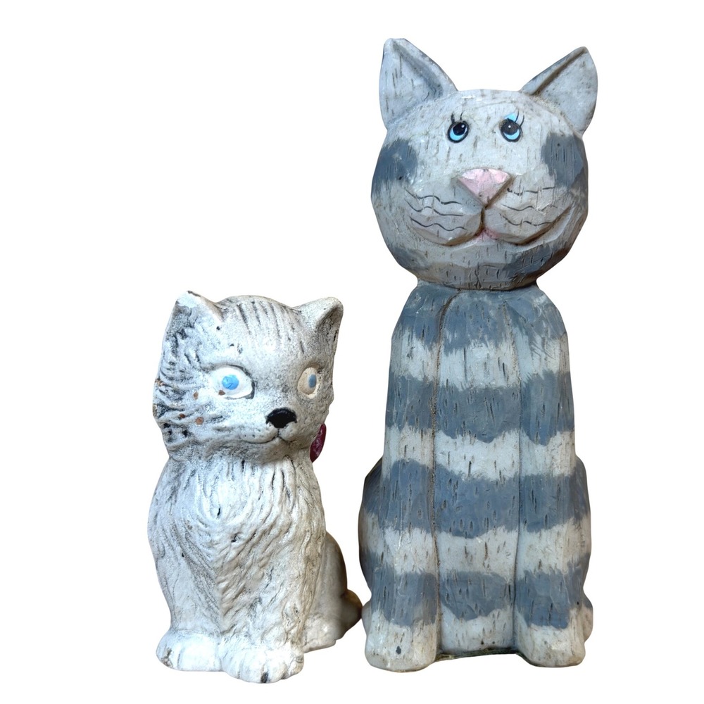 Vintage 1985 Hand Painted Ceramic Cat Figurines Set of 2 Grey Tabby White Kitten